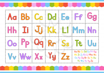 English alphabet. Vector set. Bright color style. Cartoon ABC. Funny hand drawn font. Lowercase and uppercase letters