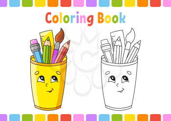 Coloring book for kids. Back to school theme. Cartoon character. Vector illustration. Fantasy page for children. Black contour silhouette. Isolated on white background.