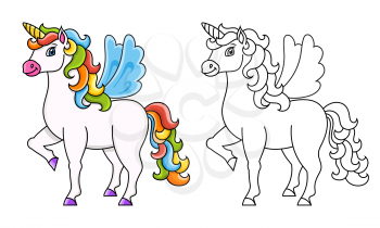 Cute unicorn with wings. Magic fairy horse. Magic fairy horse. Coloring book page for kids. Cartoon style. Vector illustration isolated on white background.