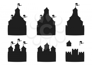 Fairytale castle. Black silhouette. Design element. Vector illustration isolated on white background. Template for books, stickers, posters, cards, clothes.