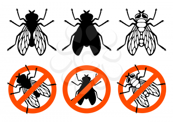 Fly insect. Prohibition sign. Outline silhouette. Design element. Vector illustration isolated on white background. Template for reppelent.