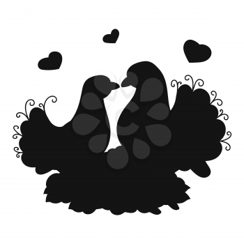 Wedding pigeon.Black silhouette. Vector illustration isolated on white background. Design element. Template for your design, books, stickers, posters, cards, child clothes.