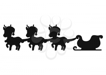 Winter deer with sleigh santa claus with gift. Black silhouette. Vector illustration isolated on white background. Design element. Template for your design, books, stickers.