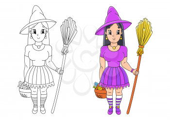 Halloween witch in hat with broom. Coloring book page for kids. Cartoon style. Vector illustration isolated on white background.