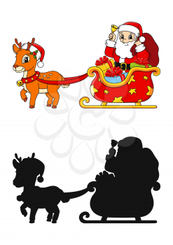 Winter deer with sleigh santa claus with gift. Black silhouette. Vector illustration isolated on white background. Design element. Template for your design, books, stickers, posters.