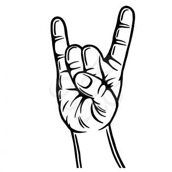 Hand gesture. Rock sign. Outline silhouette. Design element. Vector illustration isolated on white background. Template for books, stickers, posters, cards, clothes.