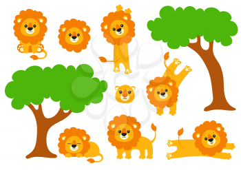 Cute lion set. Wild animal. Cartoon character. Colorful vector illustration. Isolated on white background. Design element. Template for your design, books, stickers, cards.