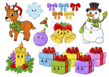 Set of stickers with cute cartoon characters. Christmas theme. Hand drawn. Colorful pack. Vector illustration. Patch badges collection. Label design elements. For daily planner, diary, organizer.