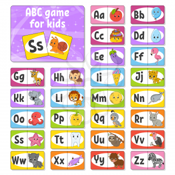 Set ABC flash cards. Alphabet for kids. Learning letters. Education developing worksheet. Activity page for study English. Color game for children. Funny character. Vector illustration. Coon style.