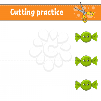 Cutting practice for kids. Education developing worksheet. Activity page. Color game for children. Isolated vector illustration. Coon character.
