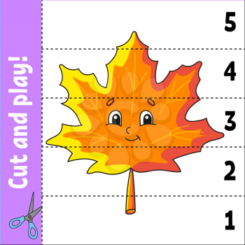 Learning numbers 1-5. Cut and play. Education worksheet. Game for kids. Color activity page. Puzzle for children. Riddle for preschool. Vector illustration. Cartoon style. Autumn theme.