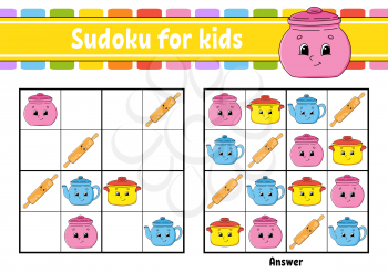 Dishware theme. Sudoku for kids. Education developing worksheet. Cartoon character. Color activity page. Puzzle game for children. Logical thinking training. Isolated vector illustration.