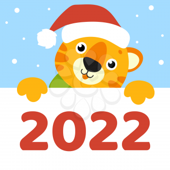 Gift color greeting card. Tiger simbol in a santa hat. Cute cartoon character. Happy New Year and Merry Christmas. Animal holding white blank poster. Flat style. Vector illustration.