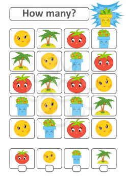 Counting game for preschool children. The study of mathematics. How many characters in the picture. Moon, palm, tomato, flower pot. With a place for answers. Simple flat isolated vector illustration