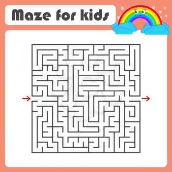 Black square maze with entrance and exit. With a cute cartoon of a rainbow. Simple flat vector illustration isolated on white background