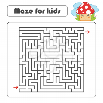 Black square maze with entrance and exit. With a cute cartoon mushroom. Simple flat vector illustration isolated on white background