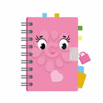 Cute cartoon diary in a pink cover with stickers and bookmarks. Cute character. Simple flat vector illustration isolated on white background