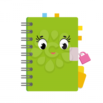 Cute cartoon notepad on a spiral in a green cover with bookmarks. Cute character. Simple flat vector illustration isolated on white background