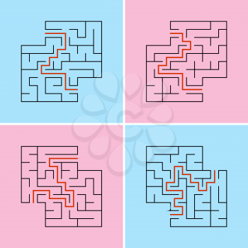 Set of abstract square labyrinths. A game for children. A simple flat vector illustration isolated on a colored background. With a place for your drawings. With the answer.