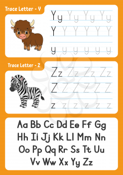 Writing letters. Tracing page. Practice sheet. Worksheet for kids. Exercise for preschools. Learn alphabet. Cute characters. Vector illustration. Cartoon style.