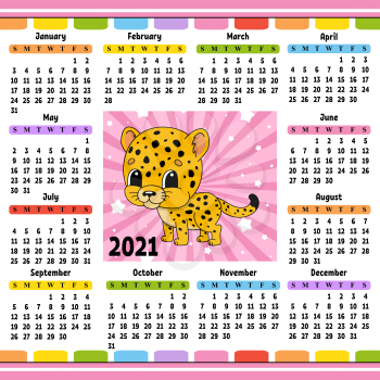 Calendar for 2021 with a cute character. Spotted jaguar. Fun and bright design. Isolated color vector illustration. Cartoon style.