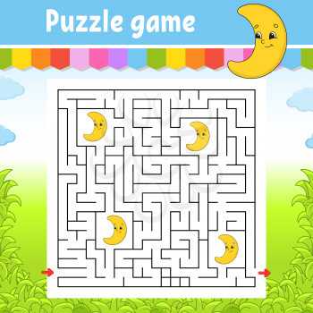 Square maze. Cute crescent. Game for kids. Puzzle for children. Labyrinth conundrum. Color vector illustration. Find the right path. Isolated vector illustration. Cartoon character.