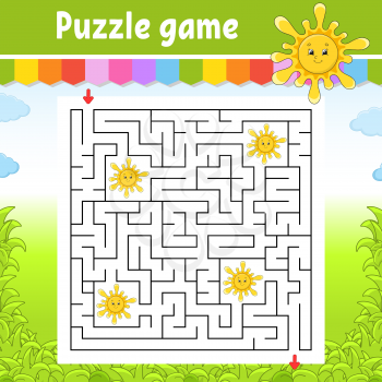 Square maze. Game for kids. Cute sun. Puzzle for children. Labyrinth conundrum. Color vector illustration. Find the right path. Isolated vector illustration. Cartoon character.