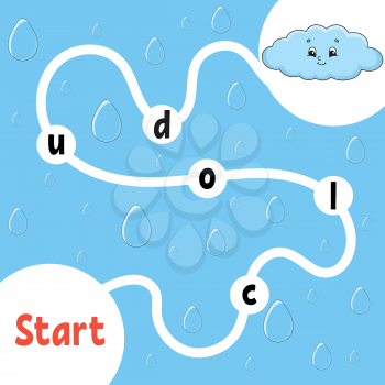 Logic puzzle game. Funny cloud. Learning words for kids. Find the hidden name. Education developing worksheet. Activity page for study English. Isolated vector illustration. Cartoon style.