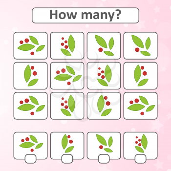Counting game for preschool children for the development of mathematical abilities. Count the number of plants in the picture. With a place for answers. Simple flat isolated vector illustration