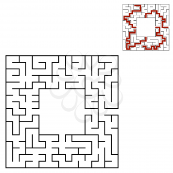 Black square maze with entrance and exit. An interesting and useful game for children. Simple flat vector illustration isolated on white background. With a place for your drawings. With the answer