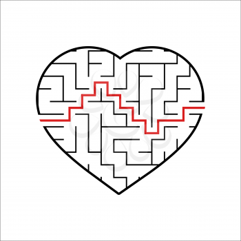 Abstract heart shaped labyrinth. Game for kids. Puzzle for children. One entrances, one exit. Maze conundrum. Simple flat vector illustration isolated on white background. With the answer.