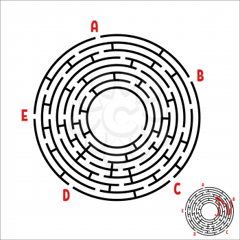 Abstract round maze. Game for kids. Children's puzzle. Five entrances, one exit. Labyrinth conundrum. Simple flat vector illustration isolated on white background. With the answer.