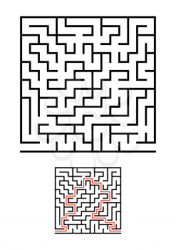 Abstract square maze. Game for kids. Puzzle for children. One entrances, one exit. Labyrinth conundrum. Simple flat vector illustration isolated on white background. With answer.