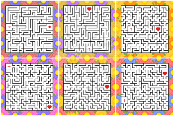 A set of square mazes. Game for kids. Puzzle for children. One entrances, one exit. Labyrinth conundrum. Flat vector illustration isolated on white background. With a bright floral frame.