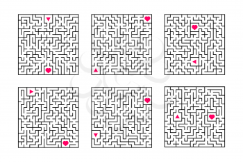 A set of square mazes. Game for kids. Puzzle for children. One entrances, one exit. Labyrinth conundrum. Flat vector illustration isolated on white background.