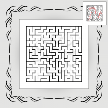 Abstract square maze in vintage frame. Game for kids. Puzzle for children. One entrances, one exit. Labyrinth conundrum. Flat vector illustration isolated on white background. With answer.