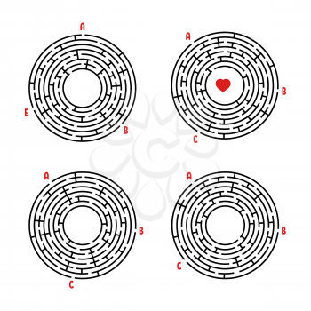 A set of round mazes. Game for kids. Puzzle for children. Labyrinth conundrum. Flat vector illustration isolated on white background.