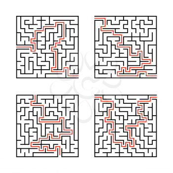 A set of square mazes. Game for kids. Puzzle for children. Labyrinth conundrum. Flat vector illustration isolated on white background. With answer.