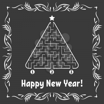 New Year greeting card with a triangular labyrinth. Find the right path to the star. Game for kids. Christmas tree. Maze conundrum. Vector illustration. With frame in vintage style.
