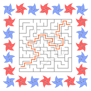 Abstract square maze. Game for kids. Puzzle for children. Cute cartoon star. Labyrinth conundrum. Vector illustration. With answer.