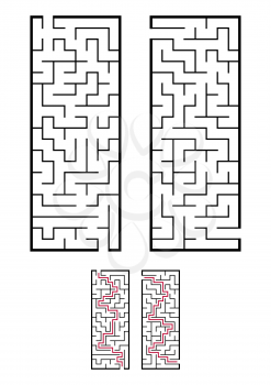 A set of two rectangular mazes. Game for kids. Puzzle for children. One entrances, one exit. Labyrinth conundrum. Simple flat vector illustration isolated on white background. With answer.
