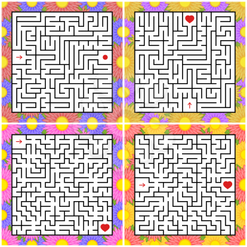 A set of square mazes. Game for kids. Puzzle for children. One entrances, one exit. Labyrinth conundrum. Flat vector illustration isolated on white background. With a bright floral frame.