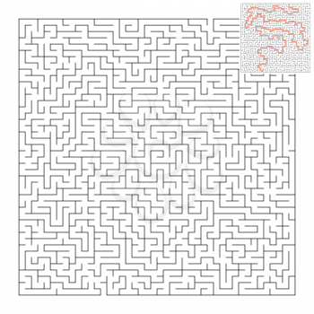 Abstract square maze. Game for kids. Puzzle for children and adult. One entrance, one exit. Labyrinth conundrum. Flat vector illustration isolated on white background. With answer