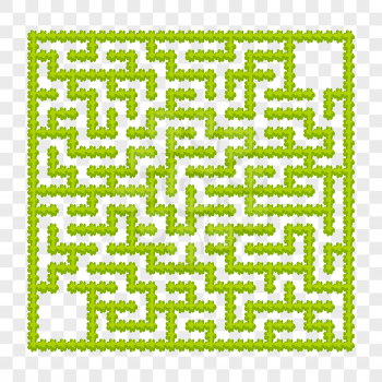 Square labyrinth of garden bushes. Game for kids. Puzzle for children. One entrance, one exit. Labyrinth conundrum. Flat vector illustration. On a transparent background. With place for your image