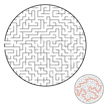 Difficult round labyrinth. Game for kids. Puzzle for children. One entrance, one exit. Labyrinth conundrum. Flat vector illustration isolated on white background. With answer