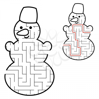 Labyrinth cute snowman. Game for kids. Puzzle for children. Cartoon style. Maze conundrum. Black white vector illustration. With the answer