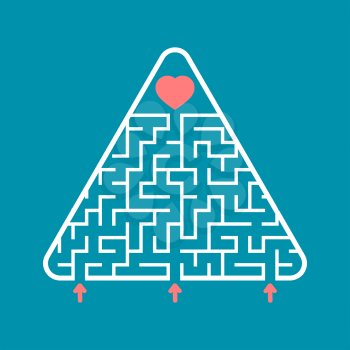 Abstract triangular labyrinth. Find the right path to the heart. Labyrinth conundrum. Search for love, relationships and happiness. Flat vector illustration isolated on turquoise background