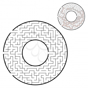 Black round maze. With three ways. Game for kids. Puzzle for children. Labyrinth conundrum. Flat vector illustration isolated on white background. With place for your image. With the answer