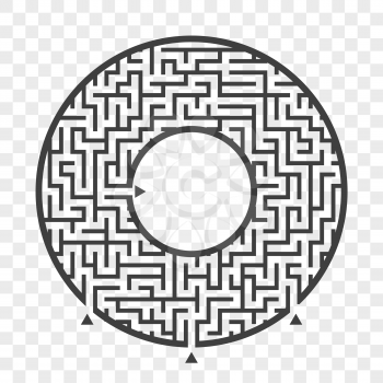 Black round maze. With three ways. Game for kids. Puzzle for children. Labyrinth conundrum. Flat vector illustration isolated on transparent background. With place for your image