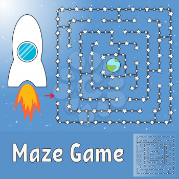 Simple maze. Help the rocket find its way to the earth. Game for kids. Puzzle for children. Labyrinth conundrum. Flat vector illustration isolated on turquoise background. With the decision.